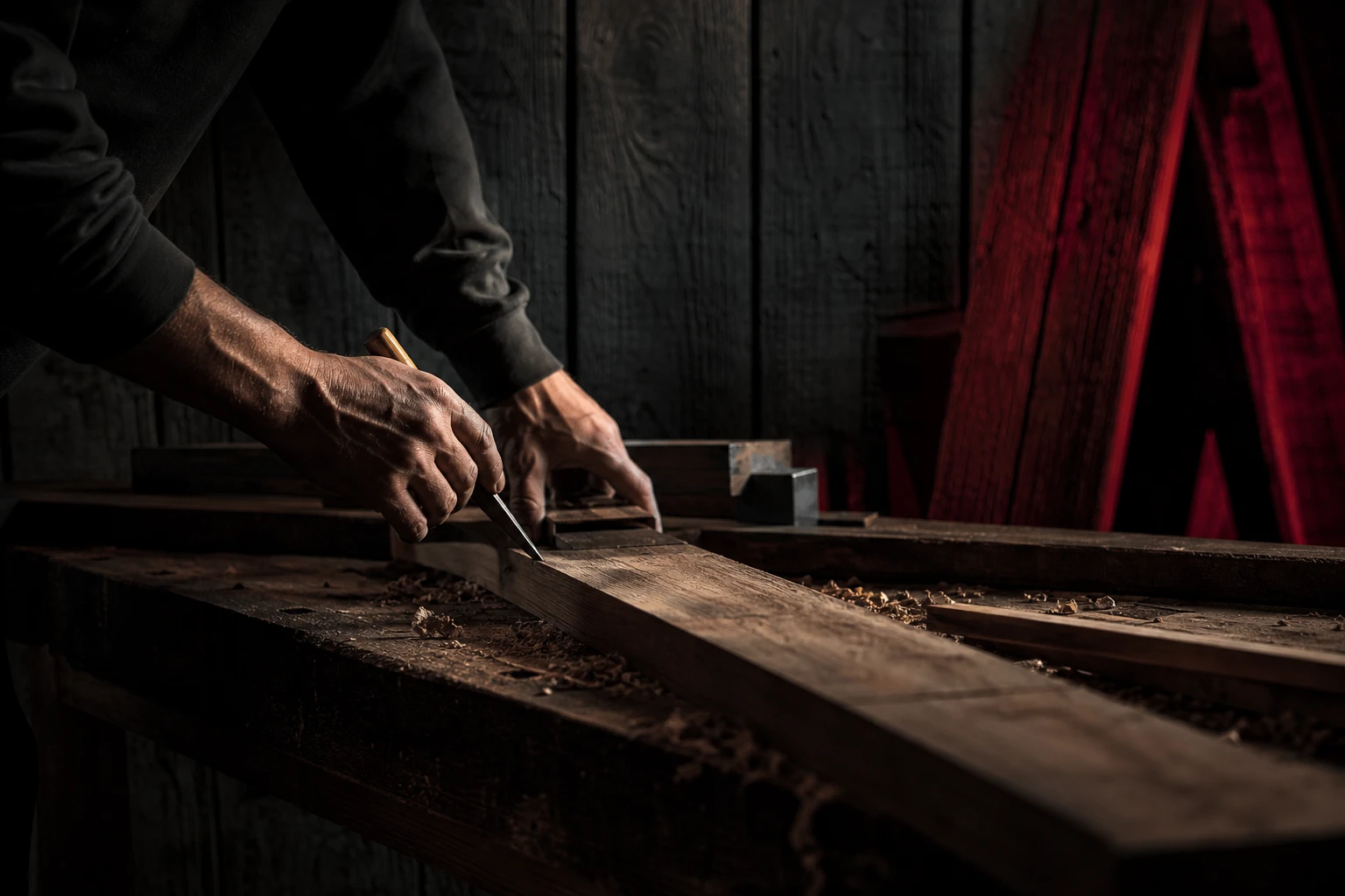Handwerkliche Bearbeitung von Holz in einer Werkstatt